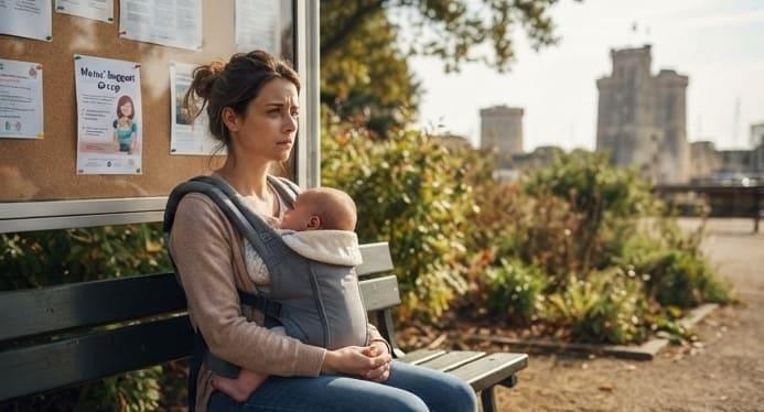 Jeune maman fatiguée retrouvant son équilibre après l'accouchement à La Rochelle